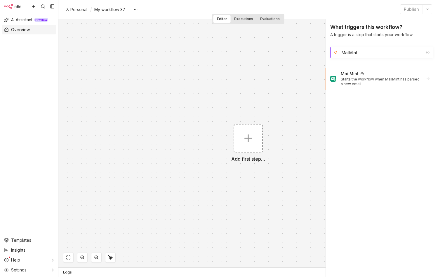 The n8n "What triggers this workflow?" panel with MailMint typed into the search box, showing one result: MailMint, "Starts the workflow when MailMint has parsed a new email".