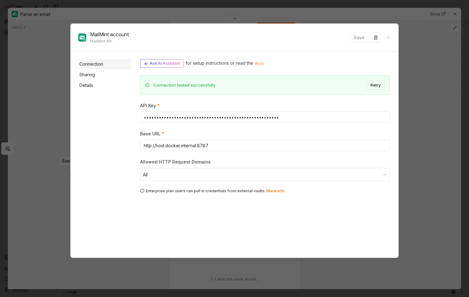 The n8n credential dialog for a MailMint account, credential type MailMint API, showing a green "Connection tested successfully" banner, a masked API Key field and a Base URL field.