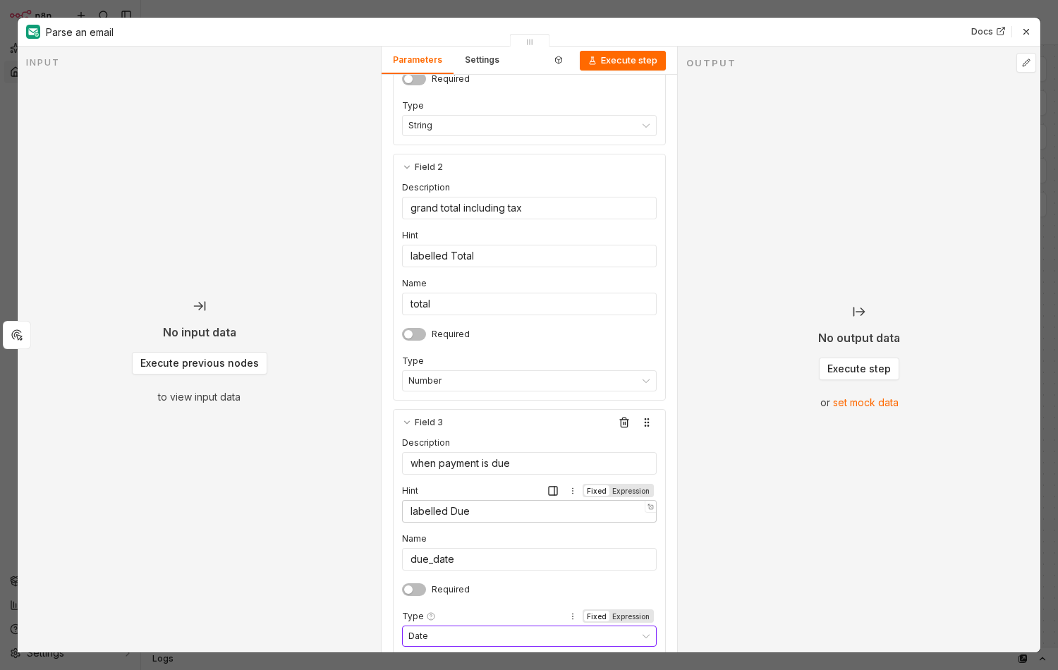 The MailMint node in n8n, showing the Fields editor with three fields: total (Number) with description "grand total including tax" and hint "labelled Total", and due_date (Date) with description "when payment is due" and hint "labelled Due".