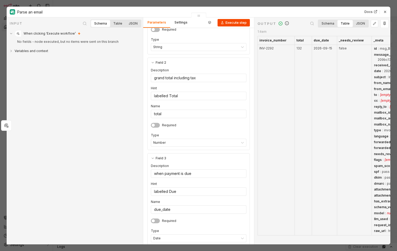 The same node after Execute step, with an output table showing columns invoice_number INV-2292, total 132, due_date 2026-09-15, _needs_review false, and a _meta column.