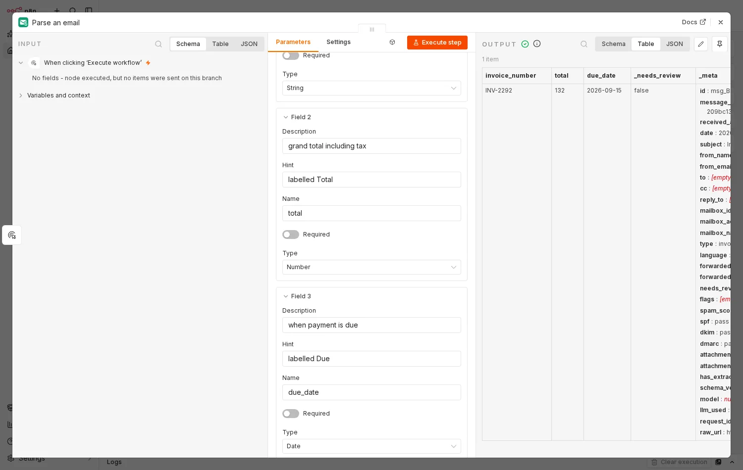 The same node after Execute step: an output table with invoice_number INV-2292, total 132, due_date 2026-09-15, _needs_review false and a _meta column.