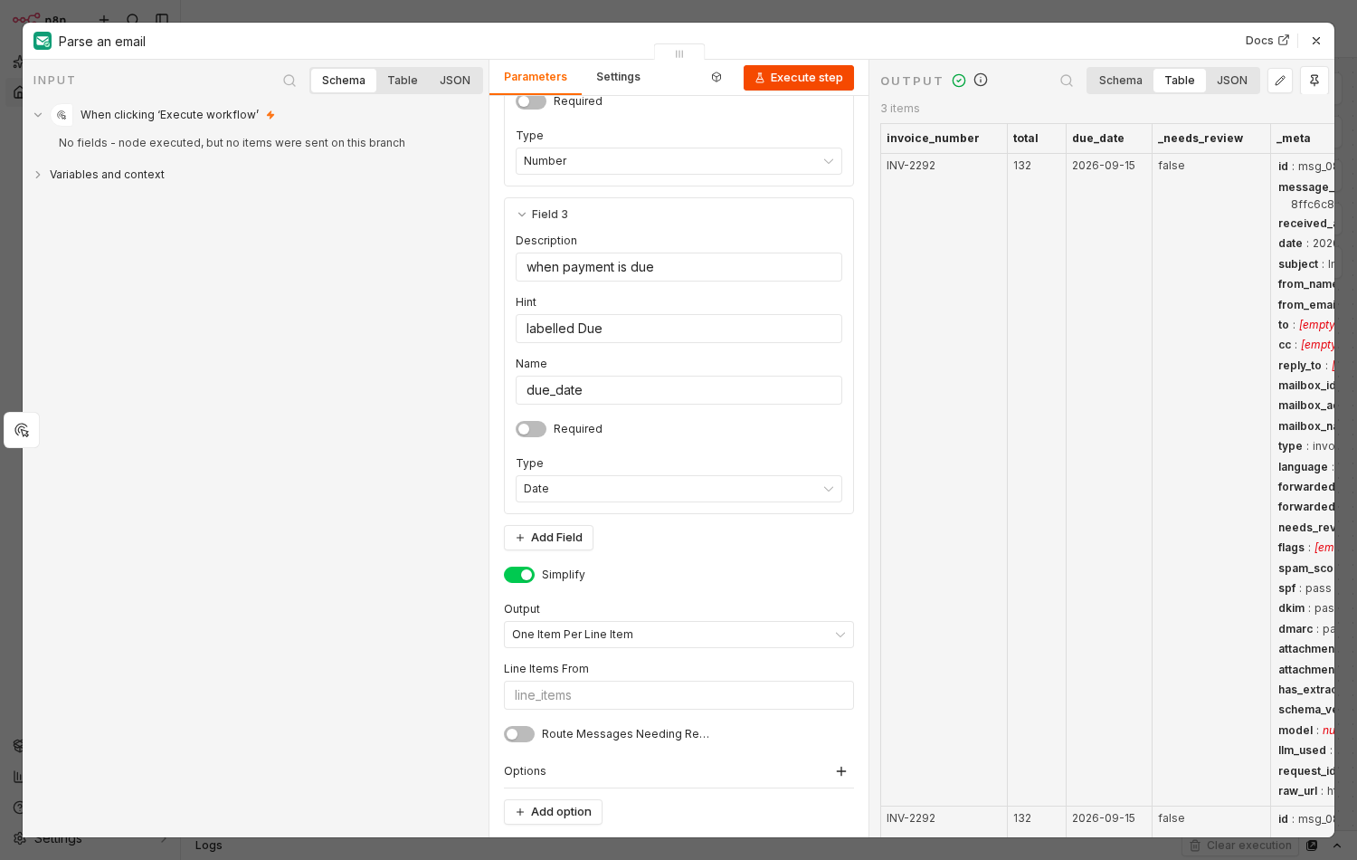 The MailMint node with Simplify on, Output set to One Item Per Line Item, and an empty Line Items From field. The output panel shows 3 items, each repeating invoice_number INV-2292, total 132 and due_date 2026-09-15.