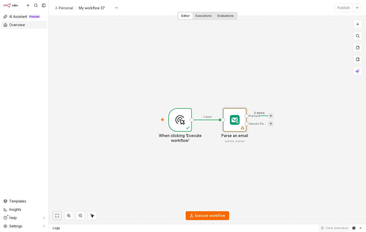 The same MailMint node with the Route Messages Needing Review Separately toggle switched on, and the output panel now showing a warning indicator beside OUTPUT.
