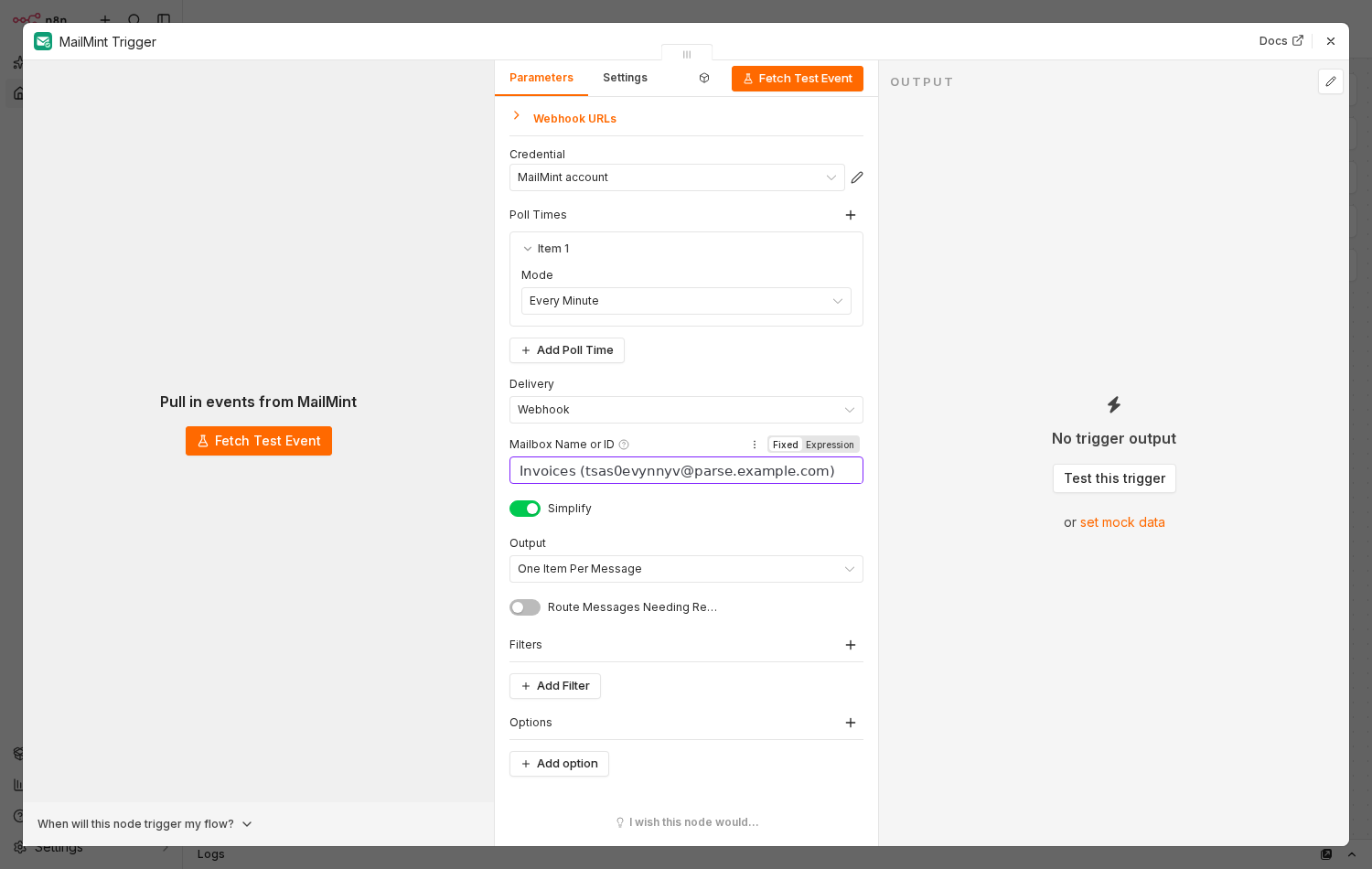 The MailMint Trigger node parameters: Webhook URLs, Credential MailMint account, Poll Times with Mode Every Minute, Delivery set to Webhook, Mailbox Name or ID, Simplify on, Output One Item Per Message, Route Messages Needing Review Separately off, Filters and Options.
