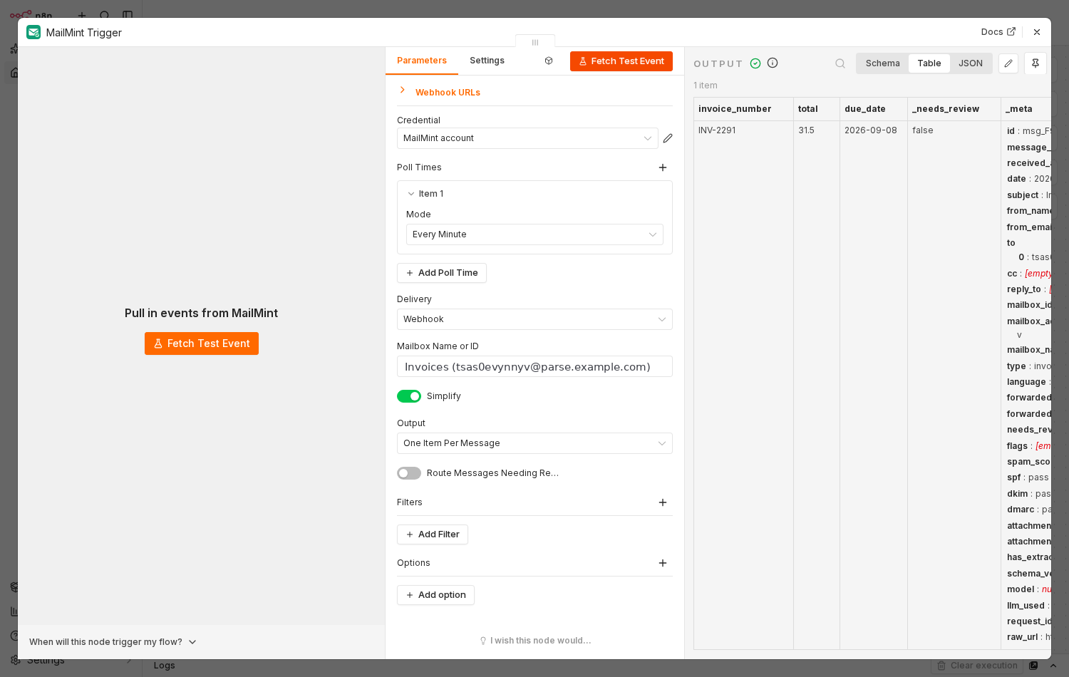 The MailMint Trigger node after a real webhook delivery, showing one output item with invoice_number INV-2291, total 31.5, due_date 2026-09-08, _needs_review false, and a _meta column listing spf pass, dkim pass and dmarc pass.